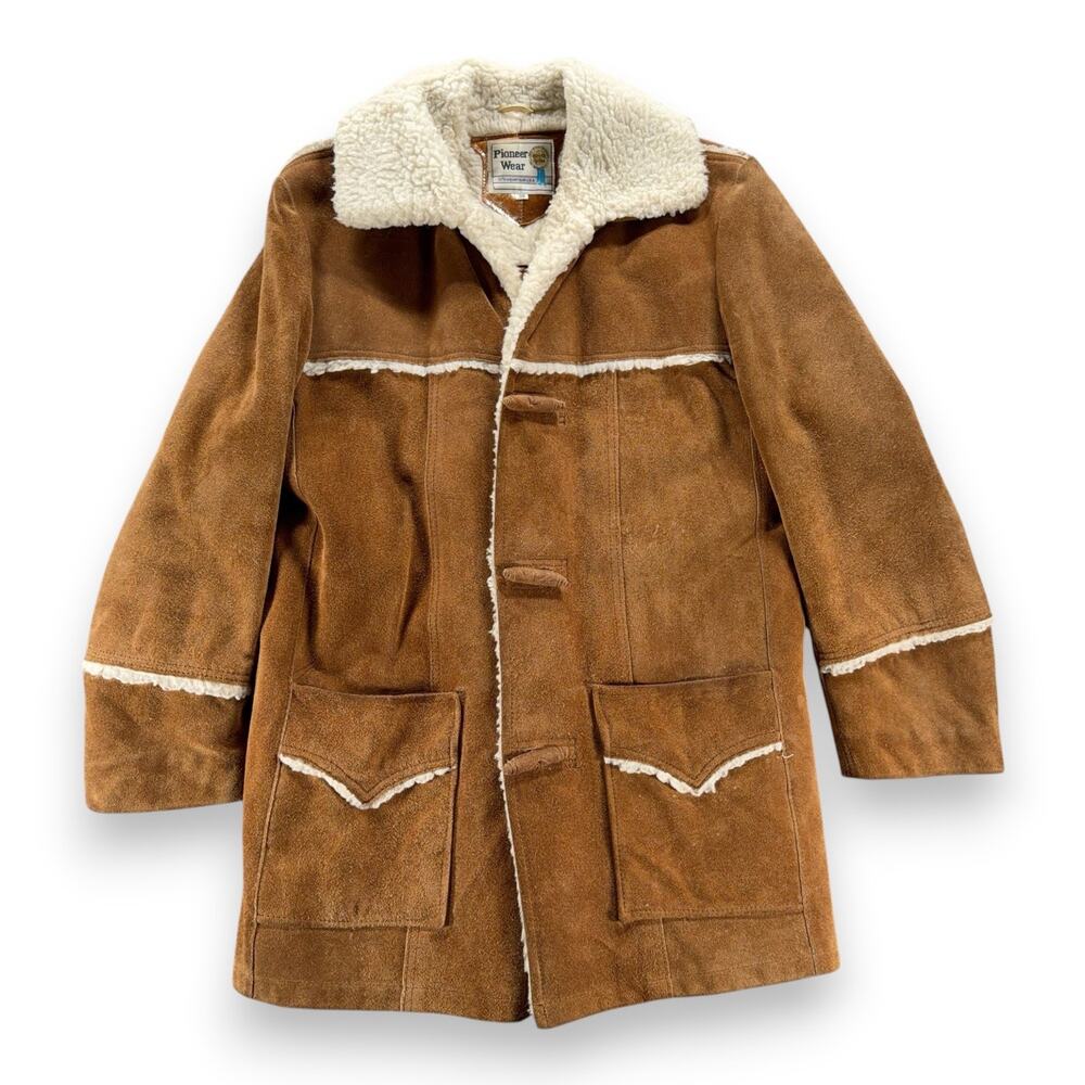 Vintage Pioneer Wear Coat Adult LARGE Brown Leather Sherpa Jacket Rancher US 60s